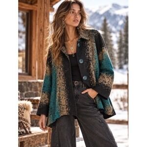 Yushi Womens Abstract Scribble Texture Button Front Jacket Teal Black Small 1800